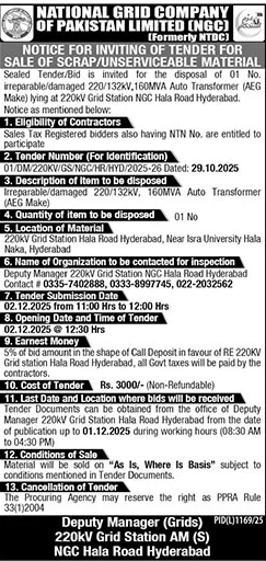 National Grid Company of Pakistan Limited Islamabad Tender Notice 1